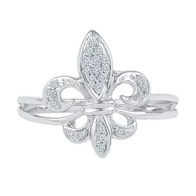 Womens 1/8 CT. T.W. Mined White Diamond Sterling Silver Fleur De Lis Cocktail Ring