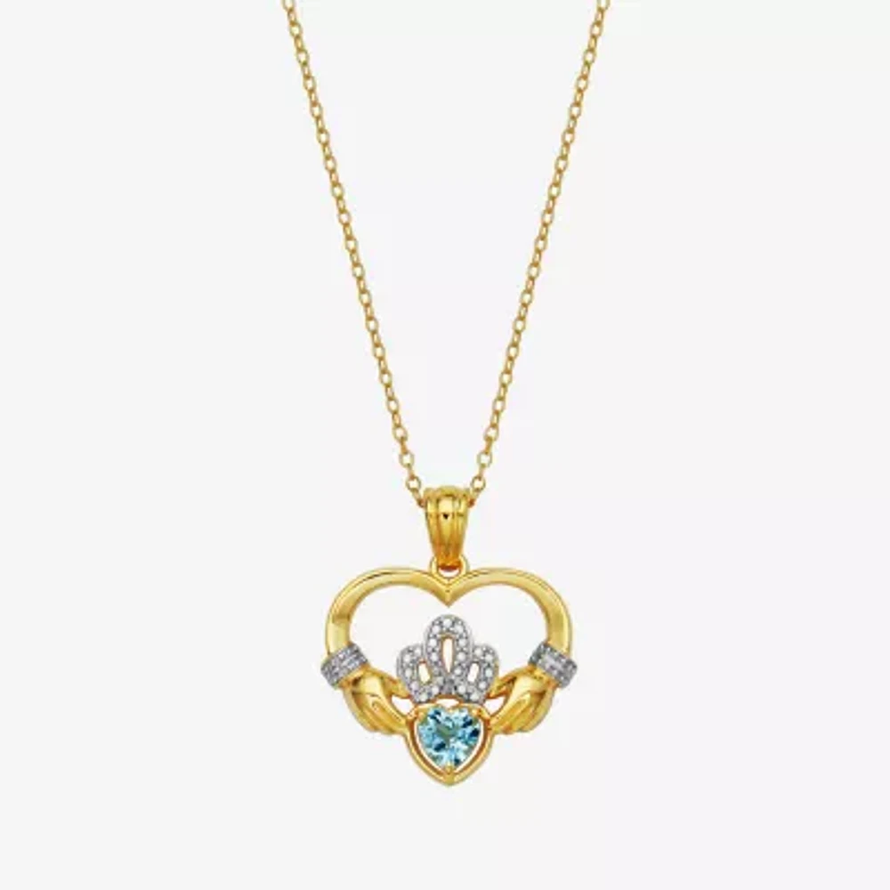 Heart-Shaped Genuine Aquamarine and Diamond-Accent Claddagh Pendant Necklace