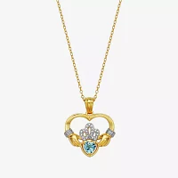 Heart-Shaped Genuine Aquamarine and Diamond-Accent Claddagh Pendant Necklace