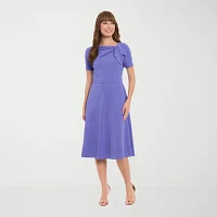 London Times Womens Short Sleeve Midi Fit + Flare Dress