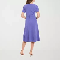 London Times Womens Short Sleeve Midi Fit + Flare Dress