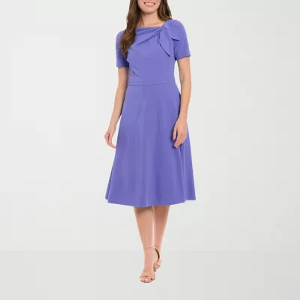 London Times Womens Short Sleeve Midi Fit + Flare Dress