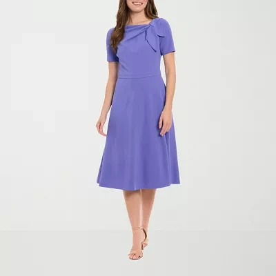London Times Womens Short Sleeve Midi Fit + Flare Dress