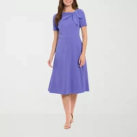 London Times Womens Short Sleeve Midi Fit + Flare Dress