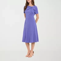 London Times Womens Short Sleeve Midi Fit + Flare Dress