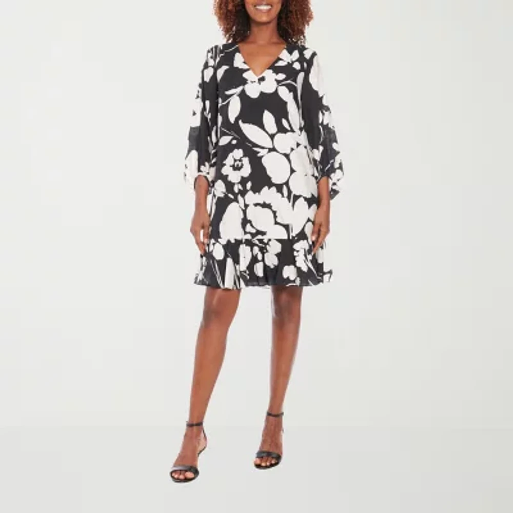 London Times Womens 3/4 Sleeve Floral Midi Shift Dress