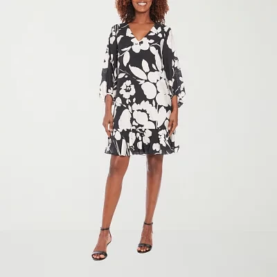 London Times Womens 3/4 Sleeve Floral Midi Shift Dress
