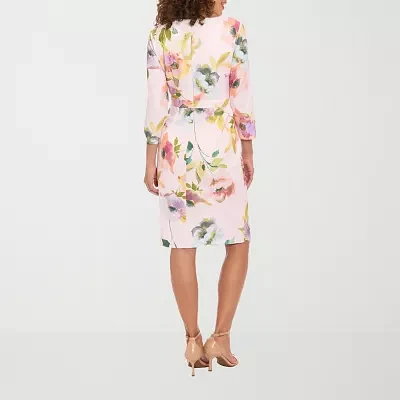 London Times Womens 3/4 Sleeve Floral Midi Sheath Dress