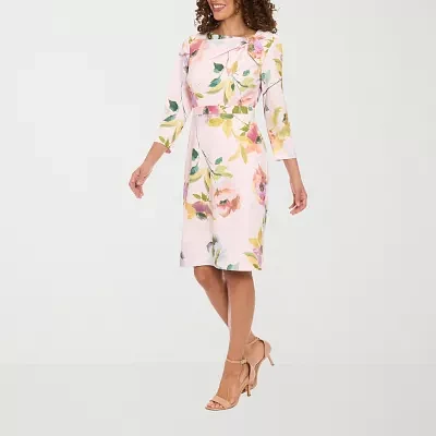 London Times Womens 3/4 Sleeve Floral Midi Sheath Dress