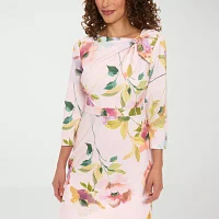London Times Womens 3/4 Sleeve Floral Midi Sheath Dress