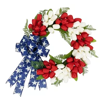 Northlight 24in Red White And Blue Tulip Floral With Bow Wreath
