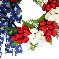 Northlight 24in Red White And Blue Tulip Floral With Bow Wreath