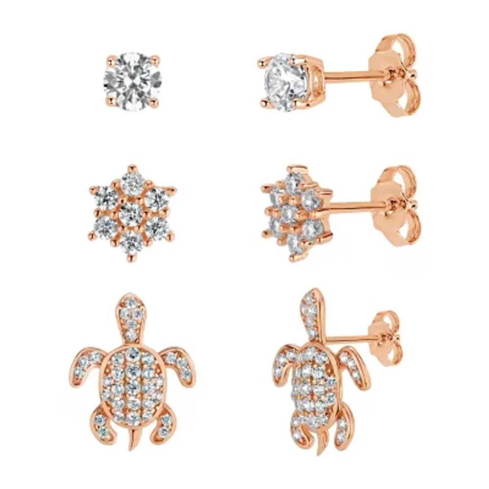 2 1/4 CT. T.W. White Cubic Zirconia 18K Rose Gold Over Brass Sterling Silver 3 Pair Earring Set