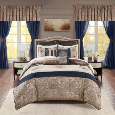 Madison Park Essentials Parker Jacquard Embroidered 24-pc. Complete Bedding Set with Sheets and Window Treatments