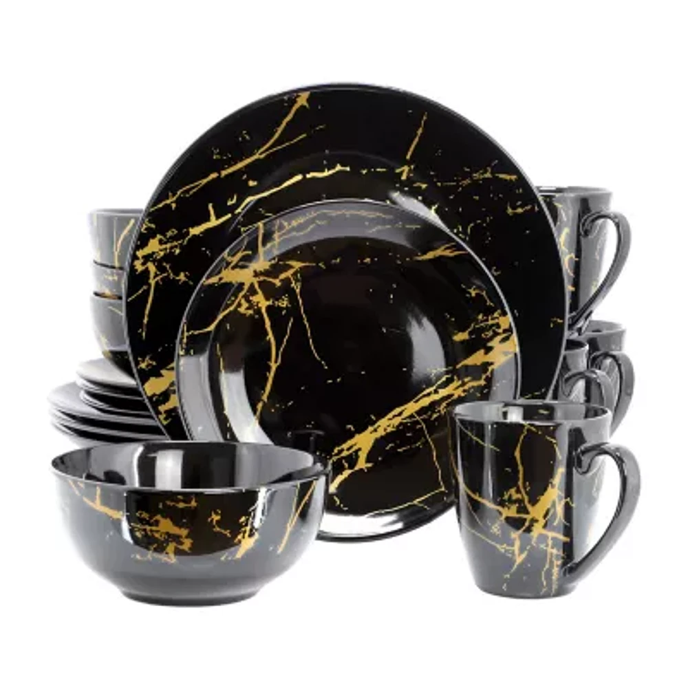 Elama Fine Marble 16 Pc Black 16-pc. Ceramic Dinnerware Set