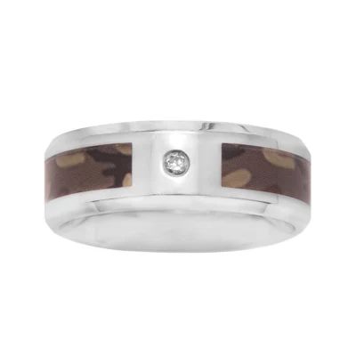 Mens 8mm Stainless Steel Diamond-Accent Camouflage Wedding Band