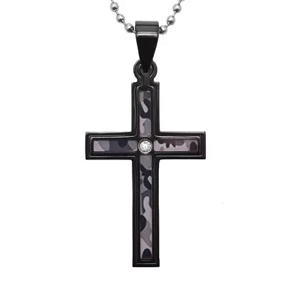 Mens Diamond-Accent Stainless Steel Camouflage Cross Pendant Necklace