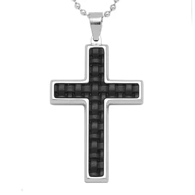 Mens Stainless Steel & Leather Cross Pendant Necklace