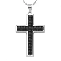 Mens Stainless Steel & Leather Cross Pendant Necklace