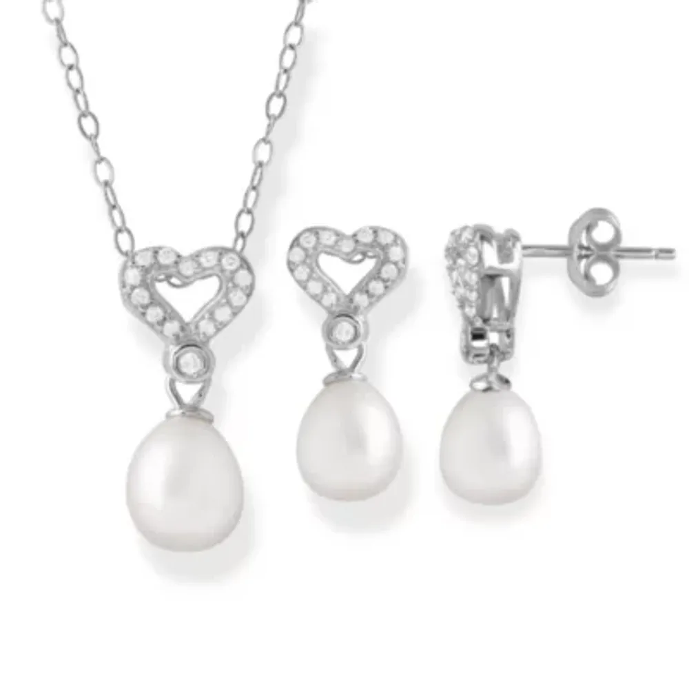 White Cultured Freshwater Pearl Sterling Silver Heart 2-pc. Jewelry Set