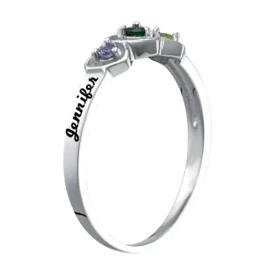 Womens Simulated Multi Color Stone Sterling Silver Heart 3-Stone Cocktail Ring