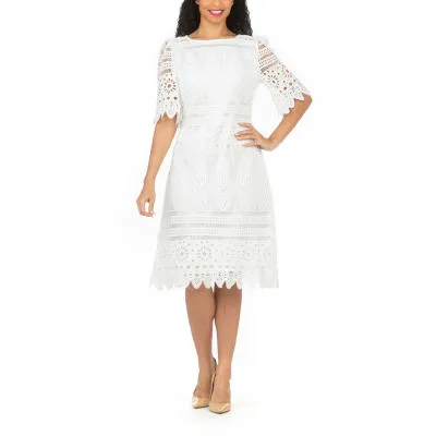 Giovanna Signature Short Sleeve Eyelet Midi Fit + Flare Dress