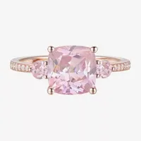 Womens Lab Created Pink Sapphire 14K Rose Gold Over Silver Cushion 3-Stone Side Stone Cocktail Ring