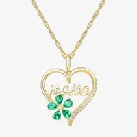 "Mama" Womens Lab Created Green Emerald 14K Gold Over Silver Flower Heart Pendant Necklace