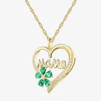 "Mama" Womens Lab Created Green Emerald 14K Gold Over Silver Flower Heart Pendant Necklace