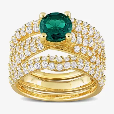 Modern Bride Gemstone Womens Lab Created Green Emerald 18K Gold Over Silver Round Bridal Set