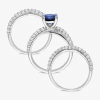 Modern Bride Gemstone Womens Lab Created Blue Sapphire Sterling Silver Round Bridal Set