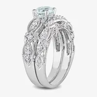 Modern Bride Gemstone Womens 1/10 CT. T.W. Genuine Blue Aquamarine 10K White Gold Round Bridal Set