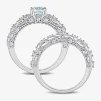 Modern Bride Gemstone Womens 1/10 CT. T.W. Genuine Blue Aquamarine 10K White Gold Round Bridal Set