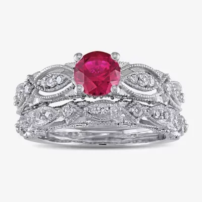 Modern Bride Gemstone Womens 1/10 CT. T.W. Lab Created Red Ruby 10K White Gold Round Bridal Set