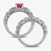 Modern Bride Gemstone Womens 1/10 CT. T.W. Lab Created Red Ruby 10K White Gold Round Bridal Set