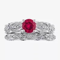 Modern Bride Gemstone Womens 1/10 CT. T.W. Lab Created Red Ruby 10K White Gold Round Bridal Set