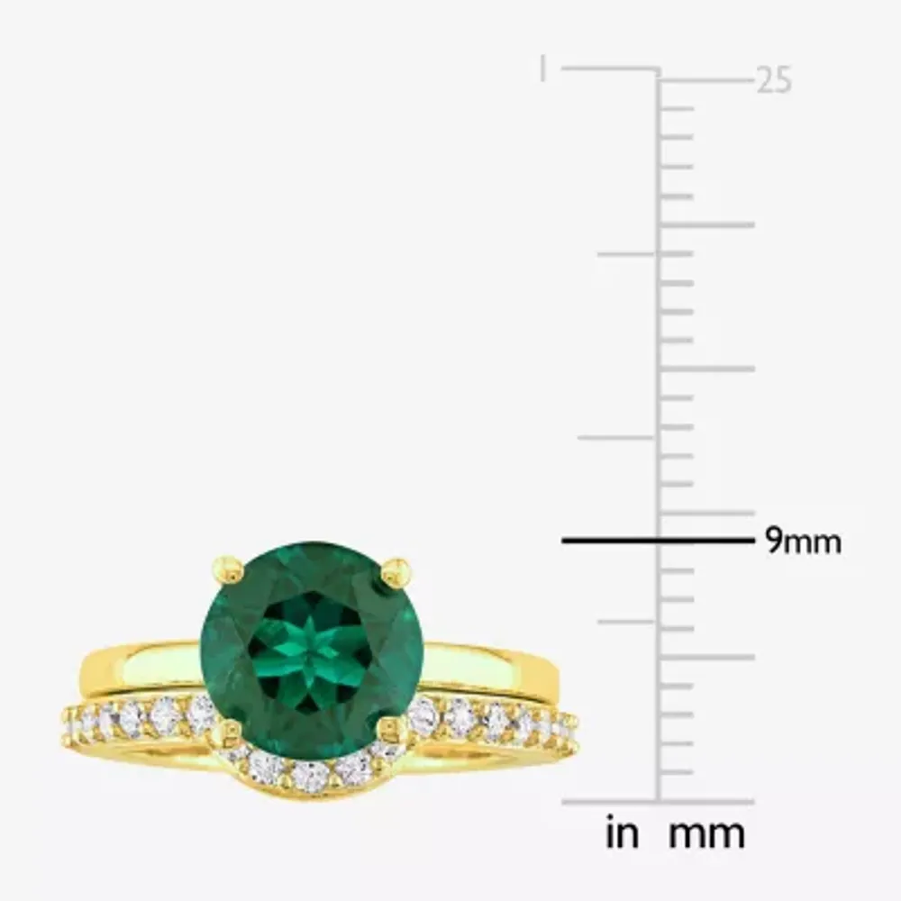 Modern Bride Gemstone Womens Lab Created Green Emerald 10K Gold Round Solitaire Bridal Set