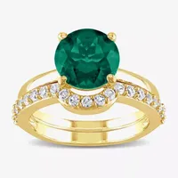 Modern Bride Gemstone Womens Lab Created Green Emerald 10K Gold Round Solitaire Bridal Set