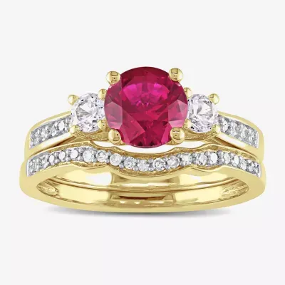 Modern Bride Gemstone Womens 1/8 CT. T.W. Lab Created Red Ruby 10K Gold Round 3-Stone Bridal Set