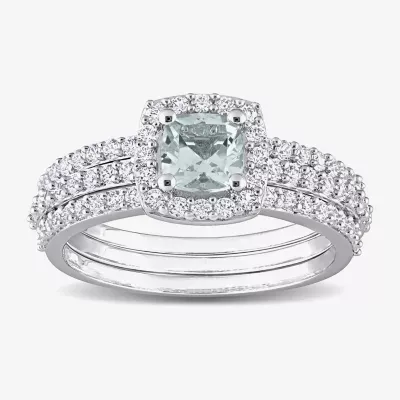 Modern Bride Gemstone Womens Genuine Blue Aquamarine Sterling Silver Cushion Side Stone Halo Bridal Set