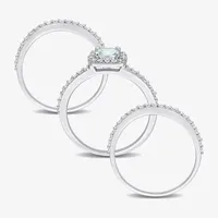 Modern Bride Gemstone Womens Genuine Blue Aquamarine Sterling Silver Cushion Side Stone Halo Bridal Set