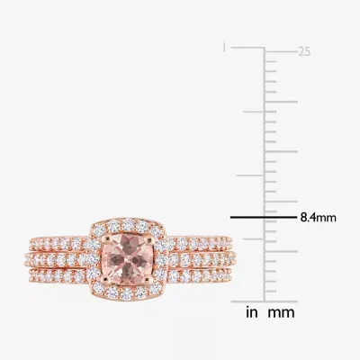 Modern Bride Gemstone Womens Genuine Pink Morganite 18K Rose Gold Over Silver Cushion Side Stone Halo Bridal Set
