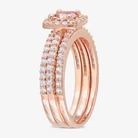 Modern Bride Gemstone Womens Genuine Pink Morganite 18K Rose Gold Over Silver Cushion Side Stone Halo Bridal Set