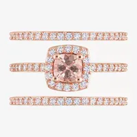 Modern Bride Gemstone Womens Genuine Pink Morganite 18K Rose Gold Over Silver Cushion Side Stone Halo Bridal Set