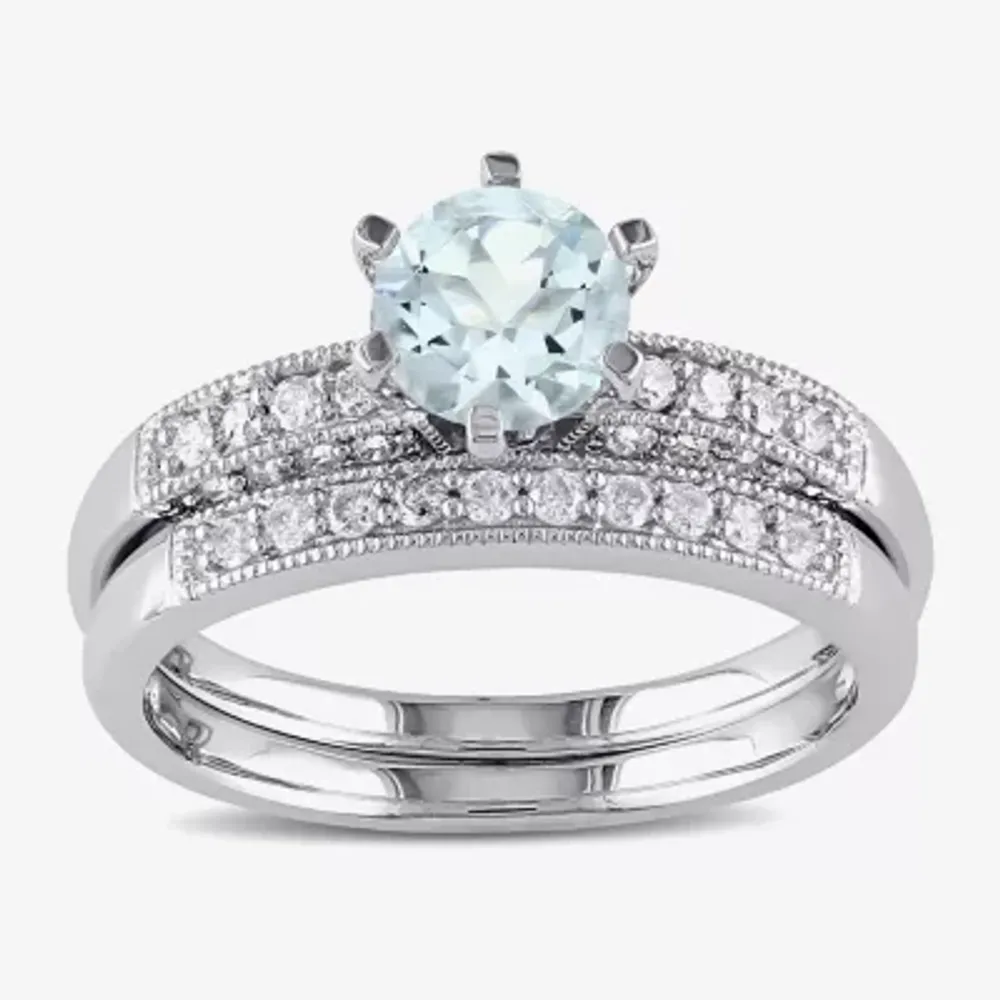 Modern Bride Gemstone Womens 1/3 CT. T.W. Genuine Blue Aquamarine 10K White Gold Round Side Stone Bridal Set