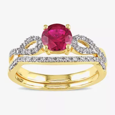 Modern Bride Gemstone Womens 1/7 CT. T.W. Lab Created Red Ruby 10K Gold Round Side Stone Bridal Set