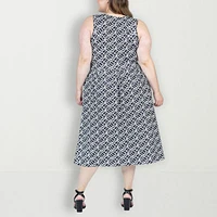 24seven Comfort Apparel Womens Sleeveless Geometric Midi Fit + Flare Dress Plus