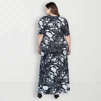 24seven Comfort Apparel Womens Elbow Sleeve Floral Maxi Dress Plus