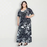 24seven Comfort Apparel Womens Elbow Sleeve Floral Maxi Dress Plus