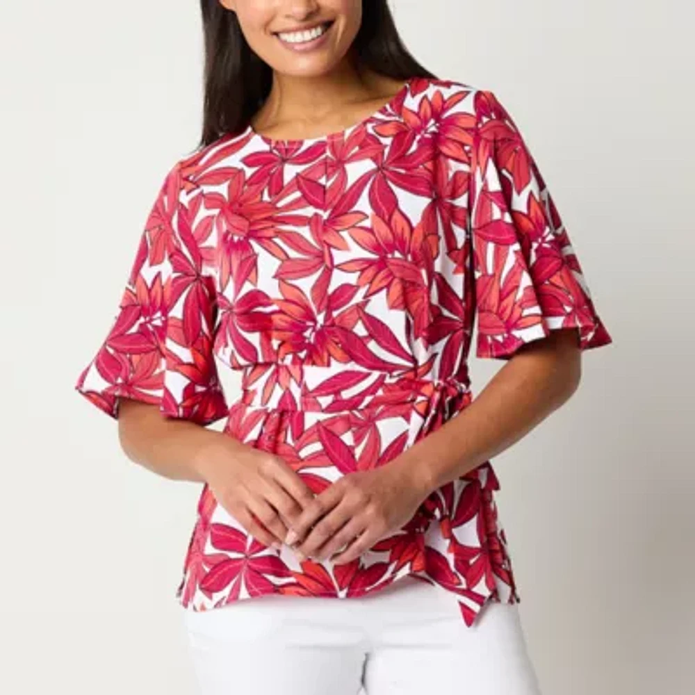 Liz Claiborne Womens Round Neck Elbow Sleeve Blouse